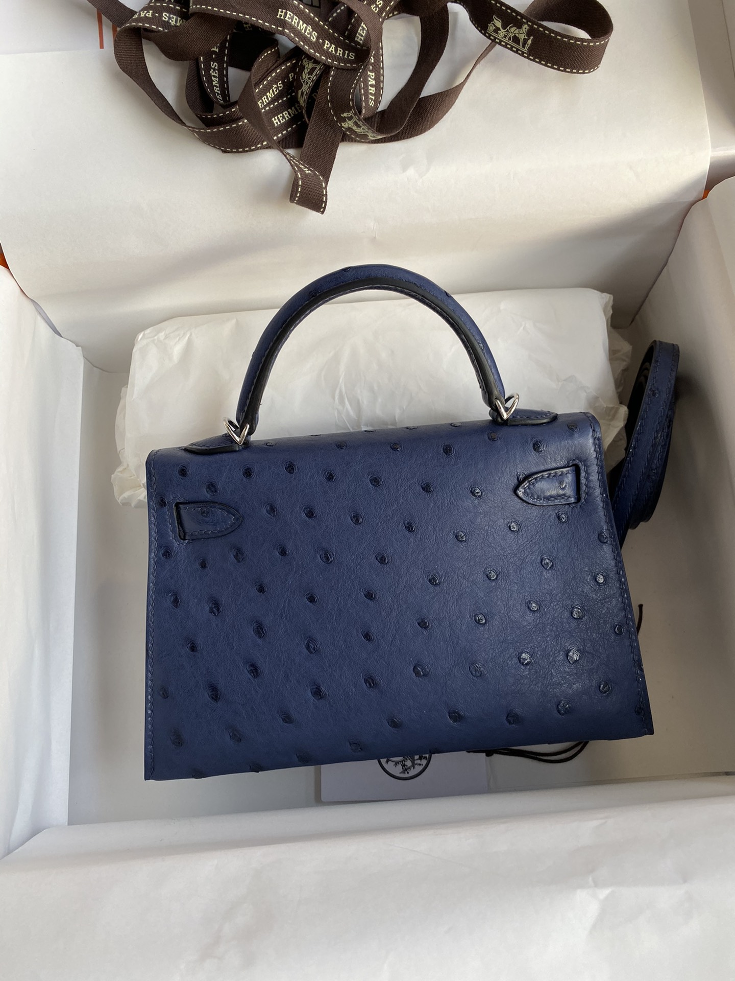 Hermes Kelly Mini II Bag 19CM In Blue Iris Ostrich Leather